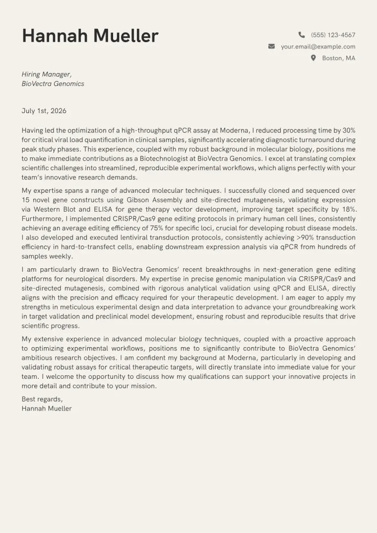 Biotechnologist Cover Letter Example