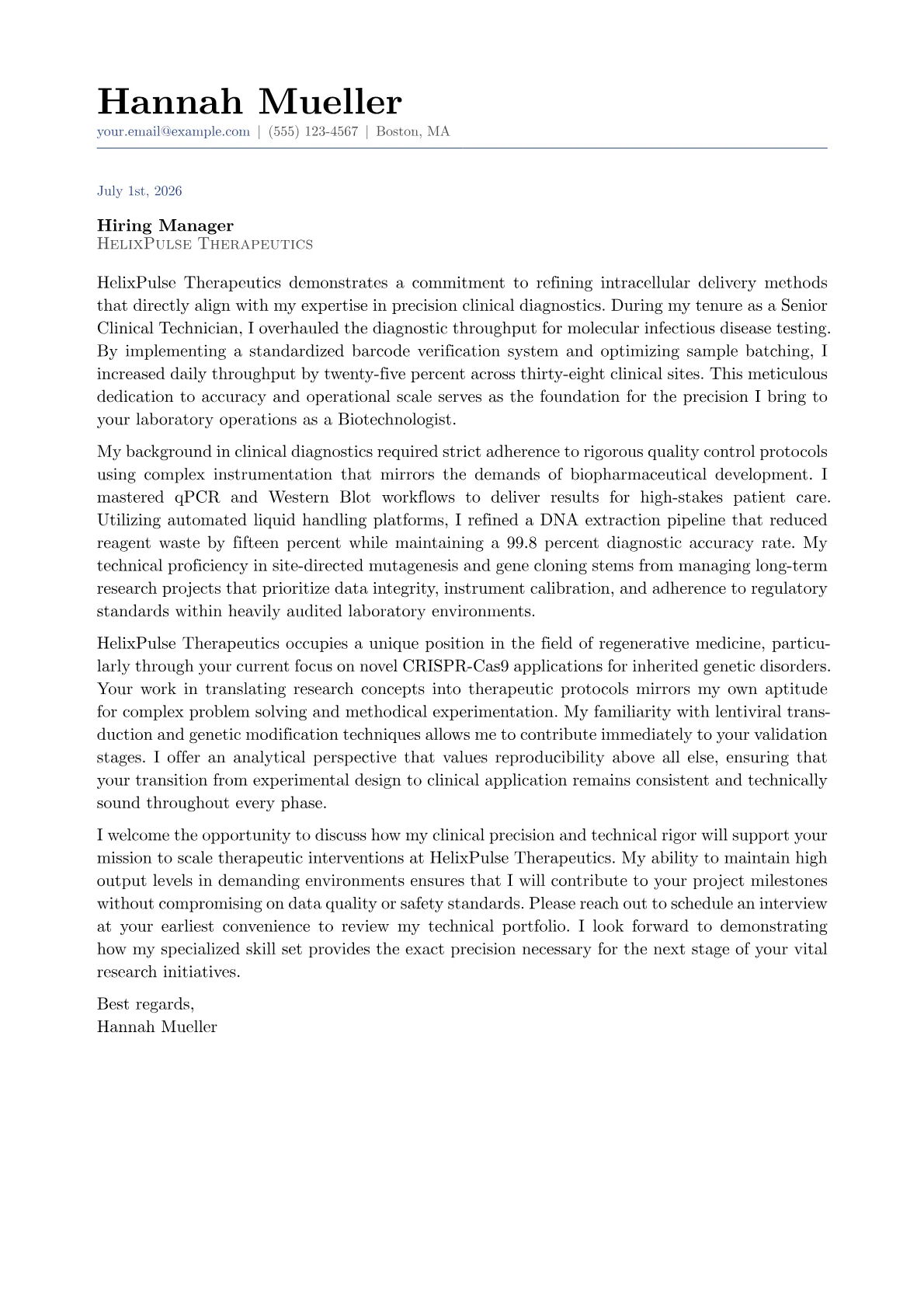 Biotechnologist cover letter in the Classic design