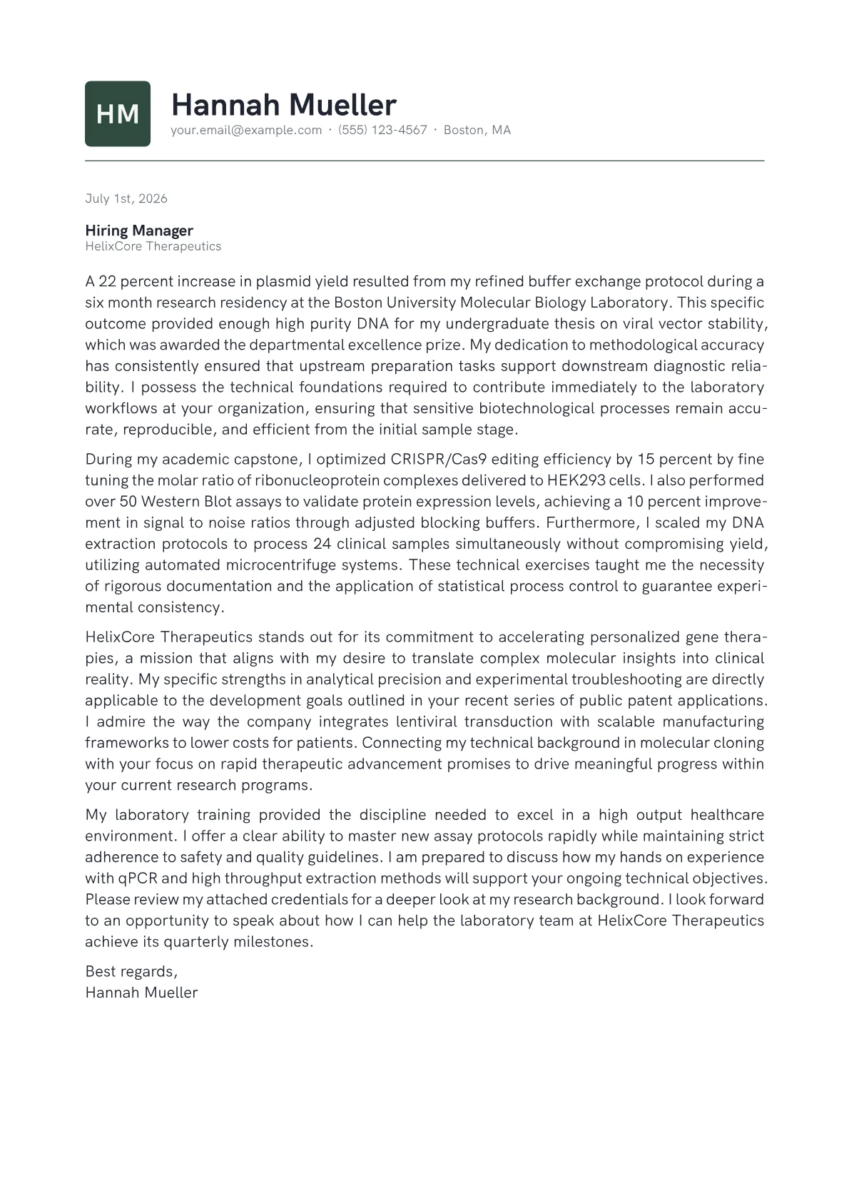 Biotechnologist cover letter in the Emblem design