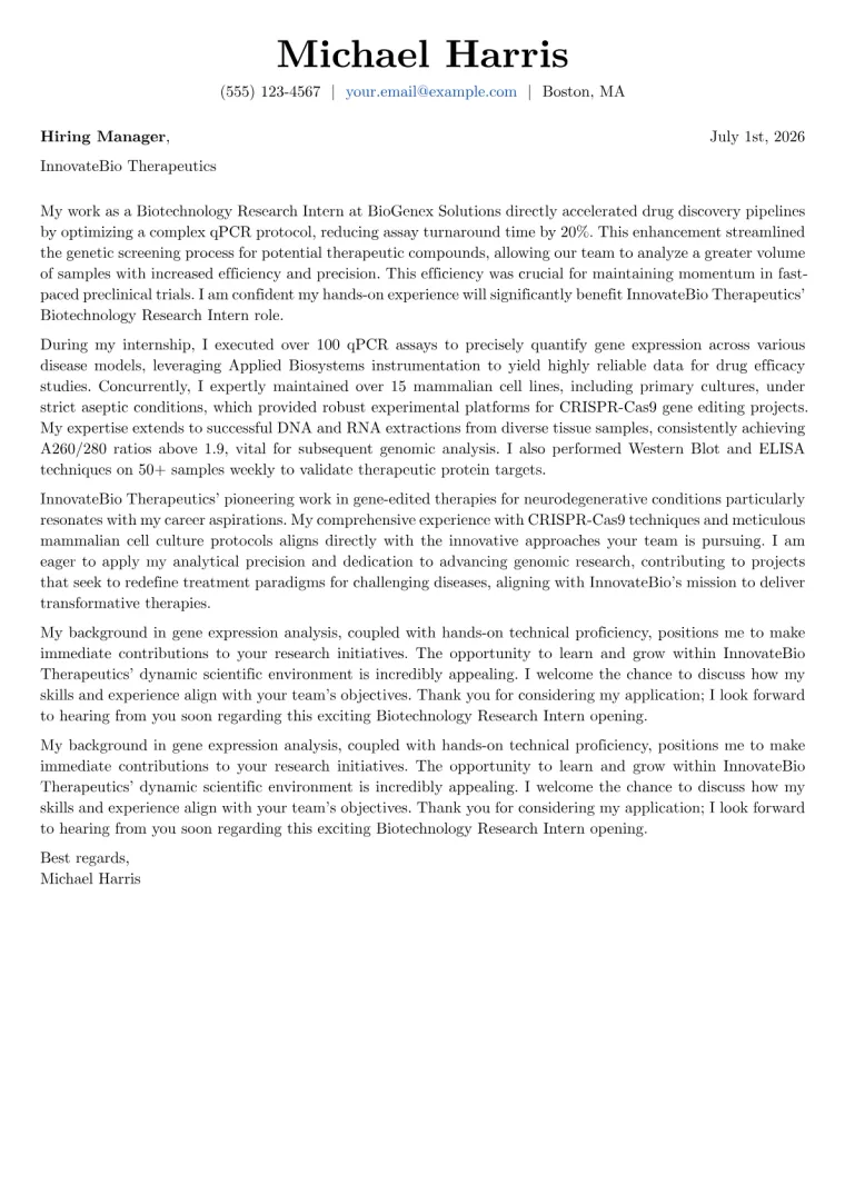 Biotechnology Student cover letter example preview
