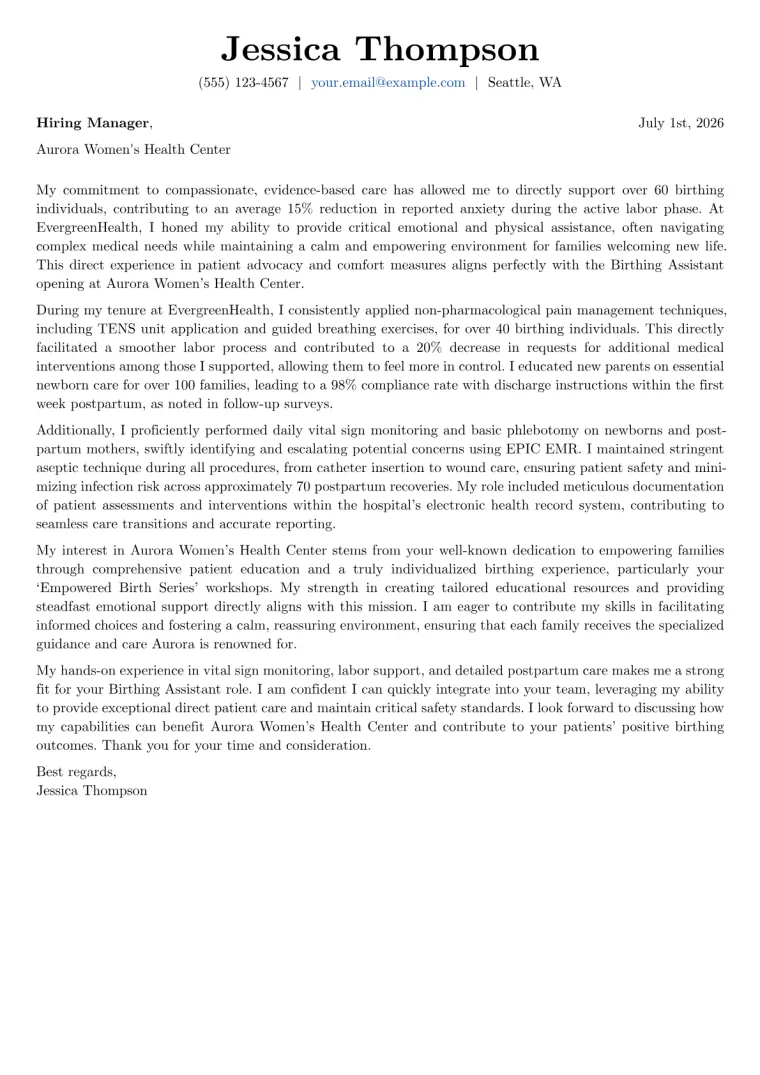 Birthing Assistant cover letter example preview