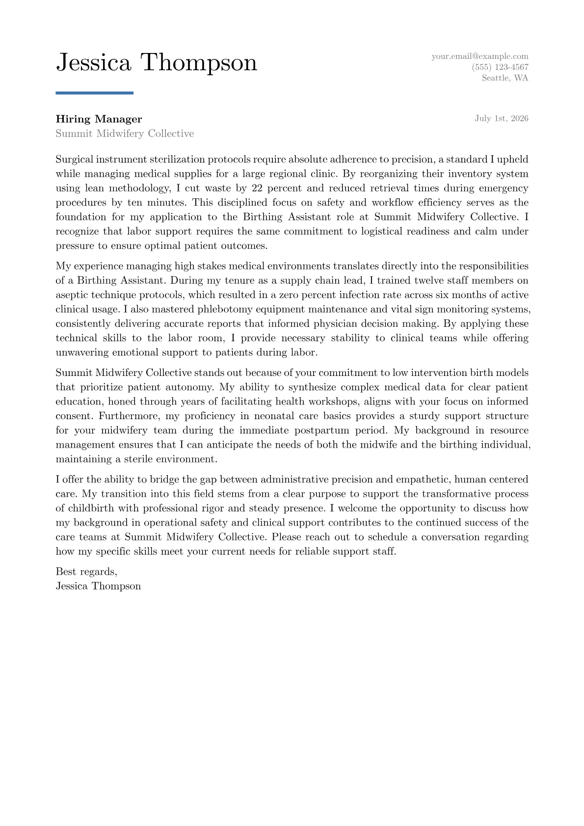 Birthing Assistant cover letter in the Executive design