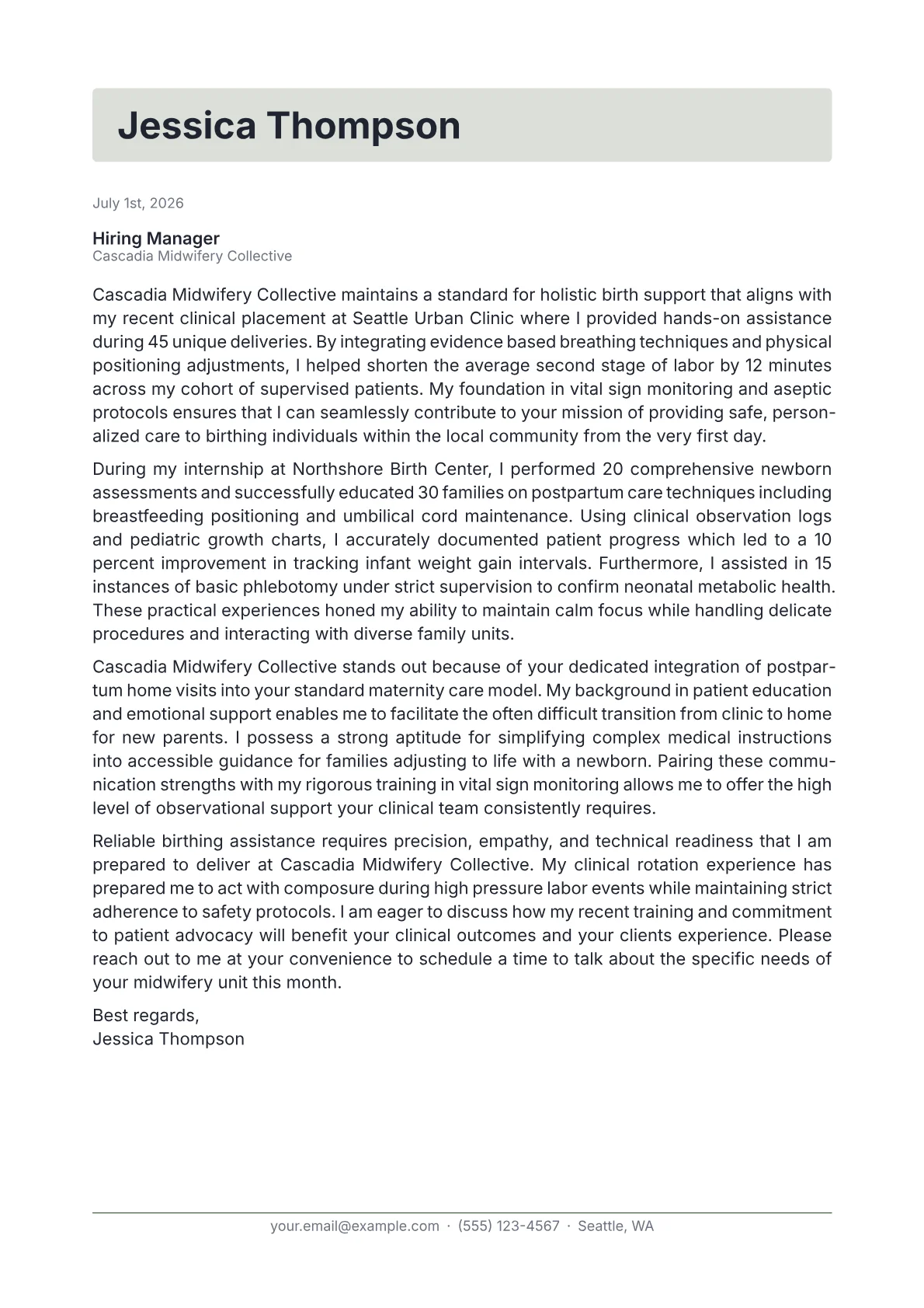 Birthing Assistant cover letter in the Letterhead design