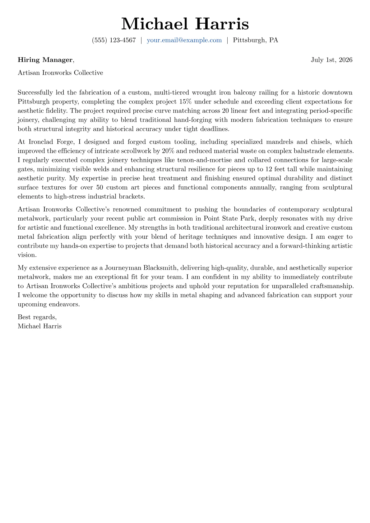 Blacksmith cover letter formatted with a JobSprout template