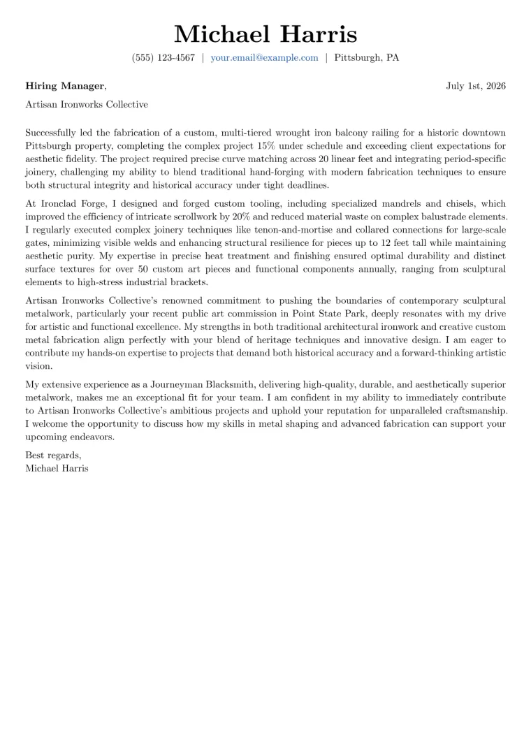 Blacksmith cover letter example preview