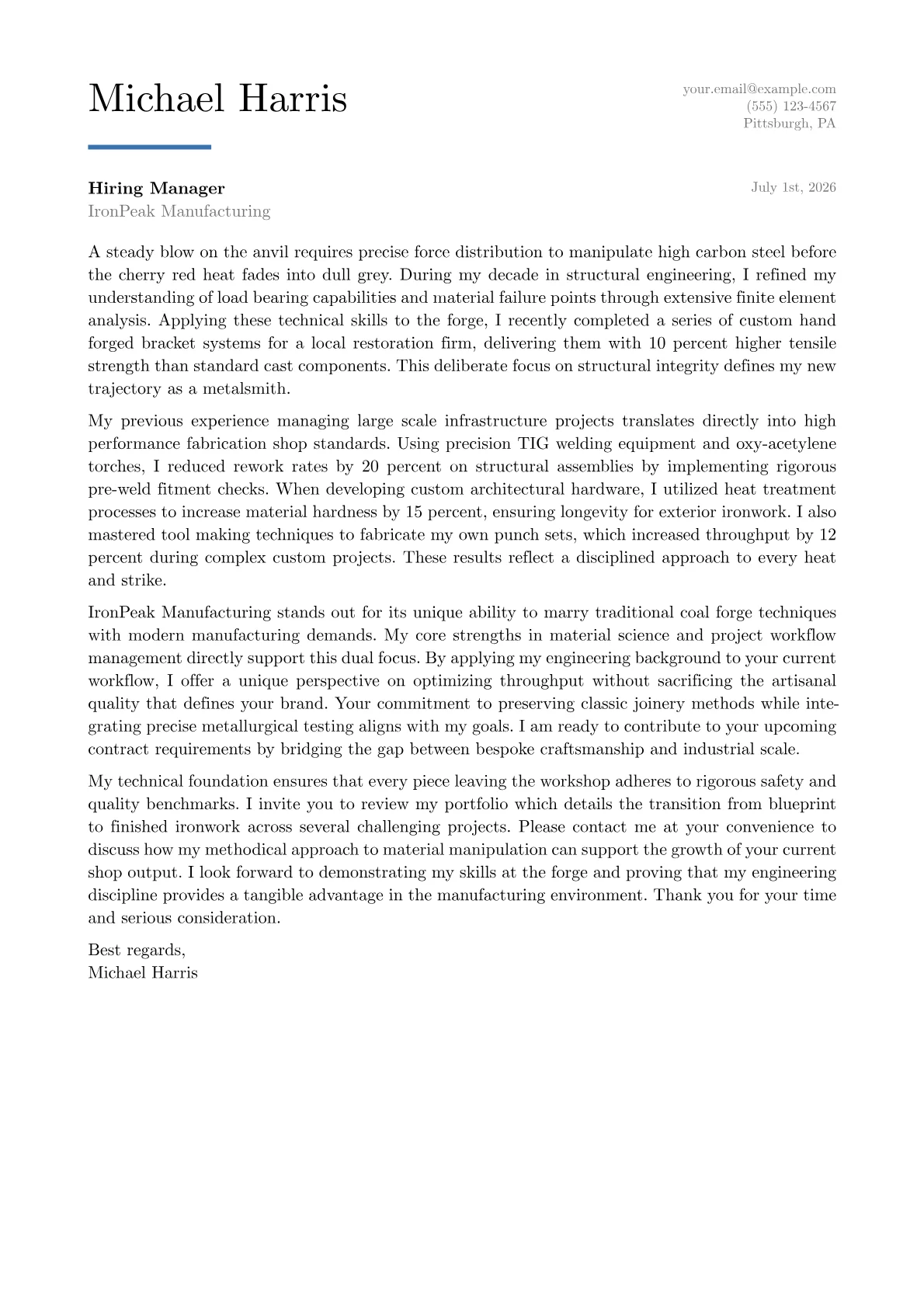 Blacksmith cover letter in the Executive design