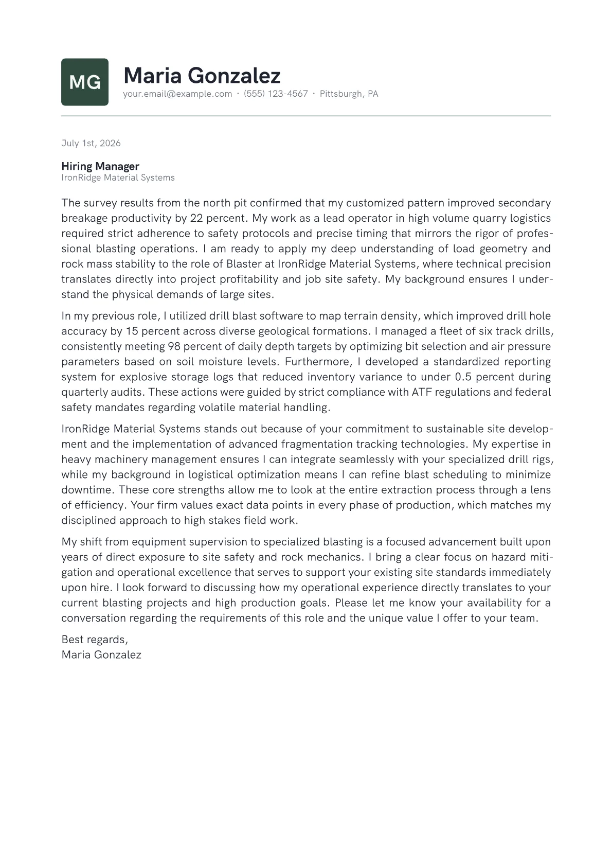 Blaster cover letter in the Emblem design