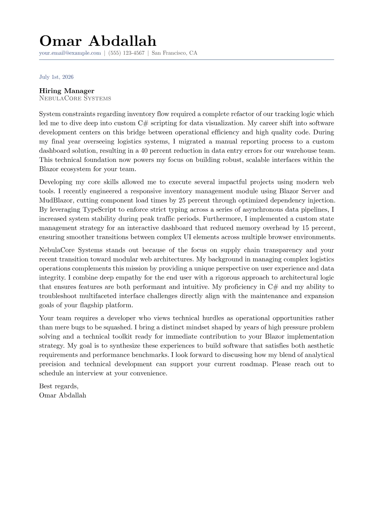 Blazor Developer cover letter in the Classic design