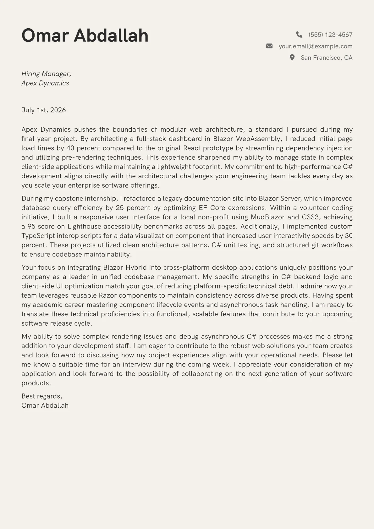 Blazor Developer cover letter in the Creative design