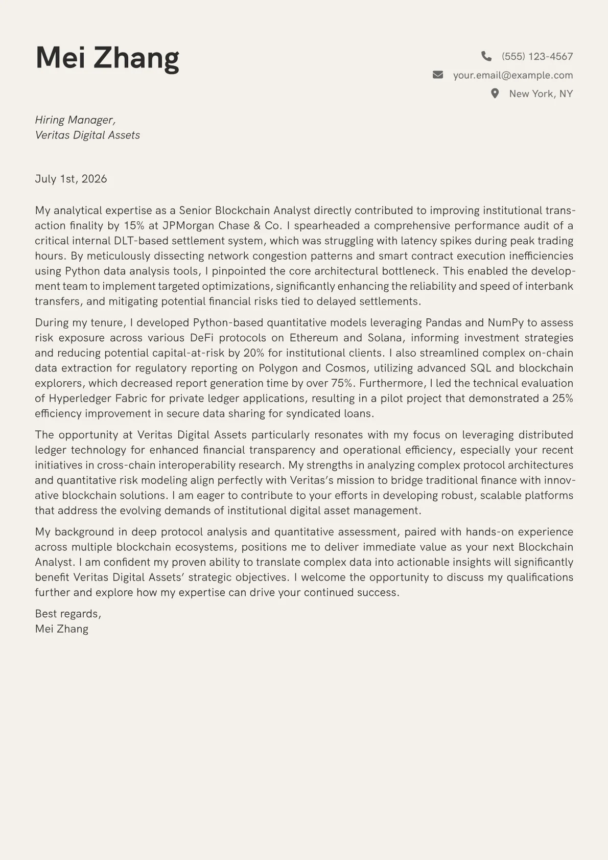 Blockchain Analyst cover letter formatted with a JobSprout template