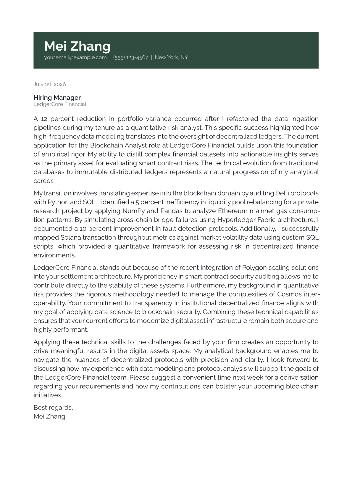 Blockchain Analyst cover letter in the Banner design