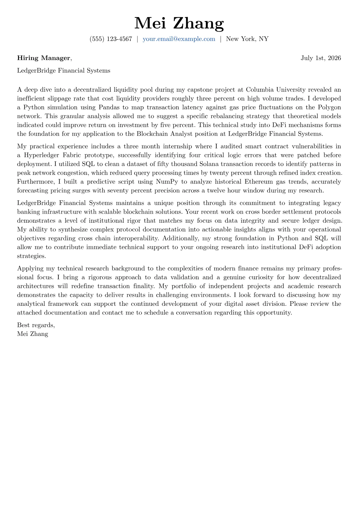 Blockchain Analyst cover letter in the Basic design