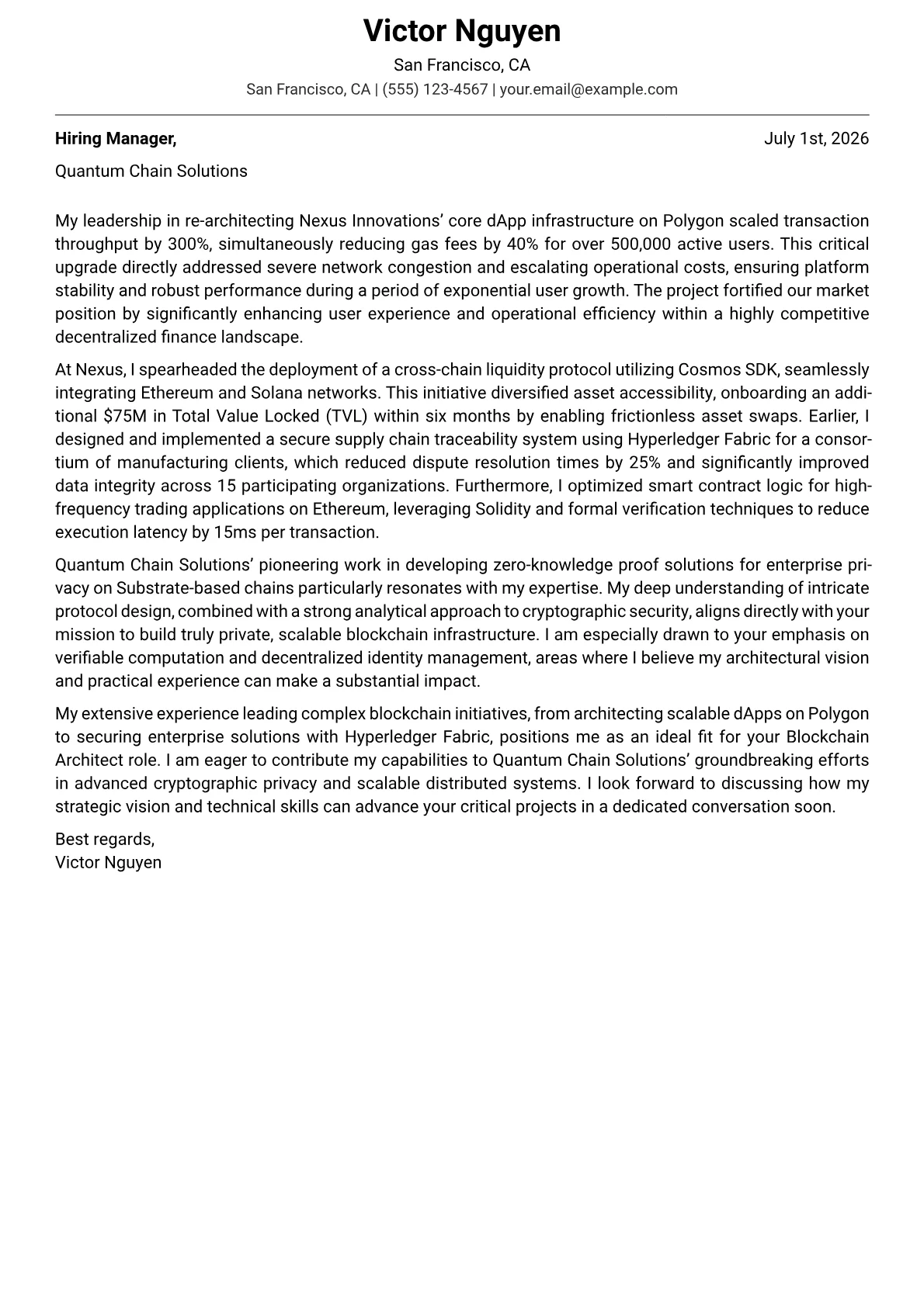 Blockchain Architect cover letter formatted with a JobSprout template