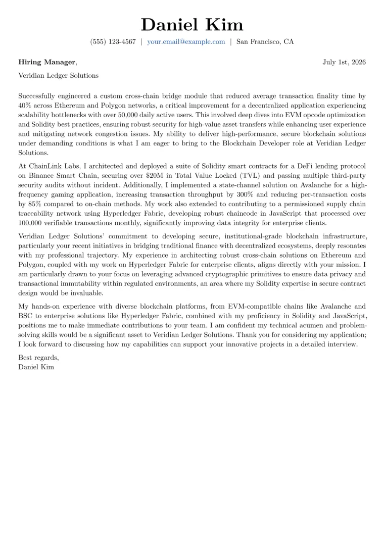 Blockchain Developer Cover Letter Example