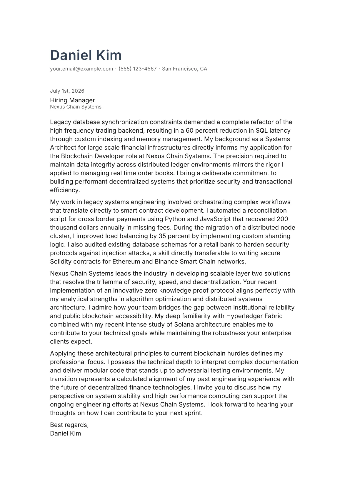 Blockchain Developer cover letter in the Minimal design