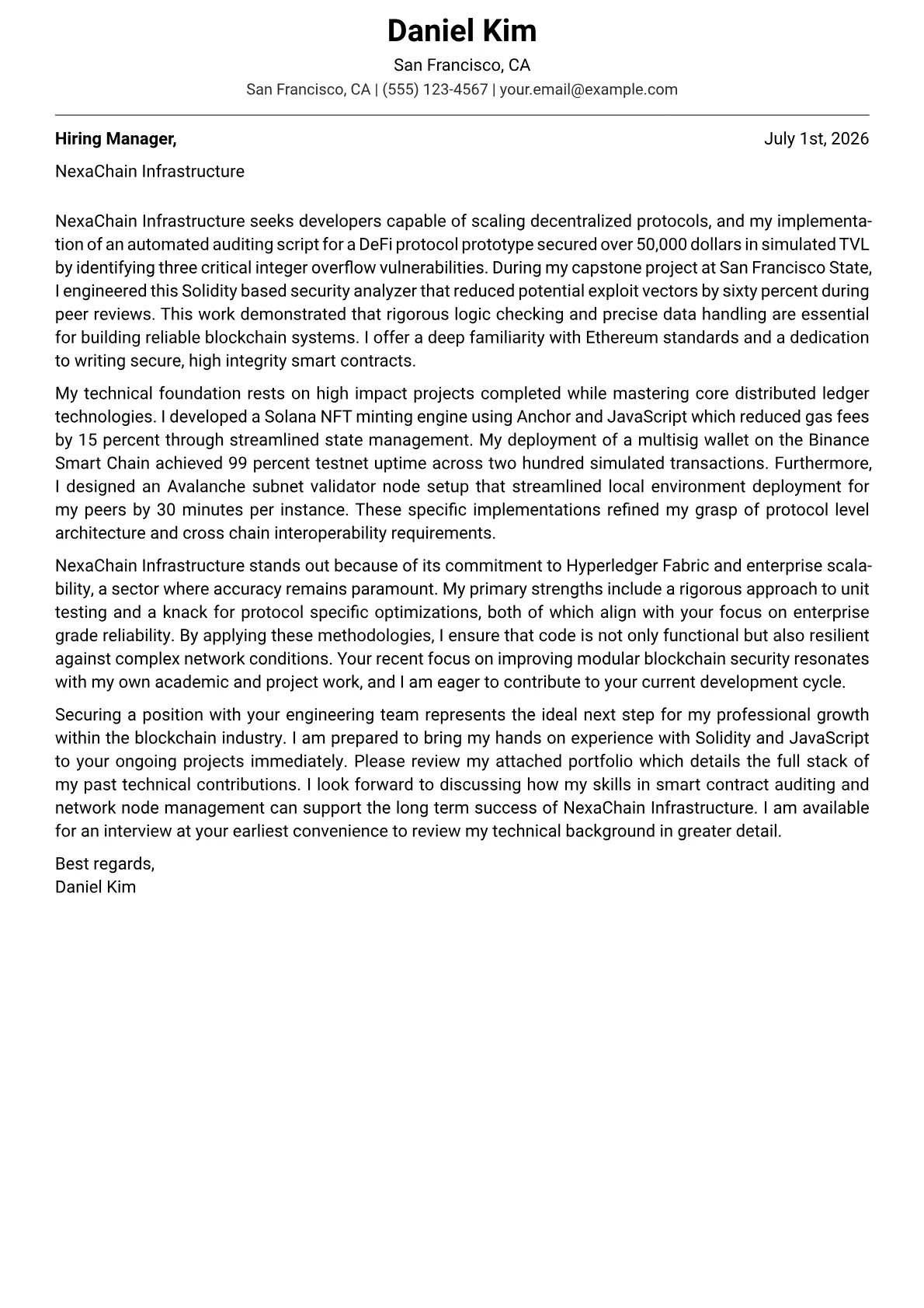 Blockchain Developer cover letter in the Modern design