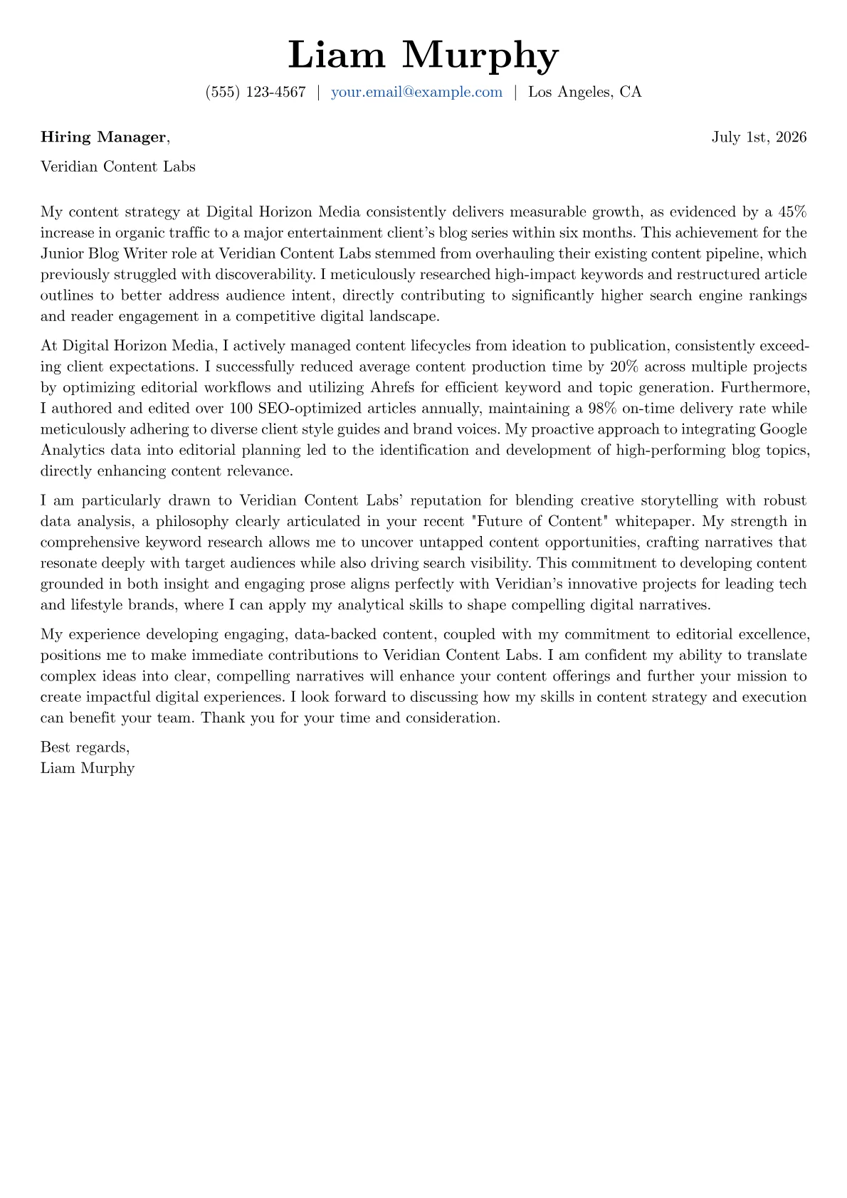 Blog Writer cover letter formatted with a JobSprout template