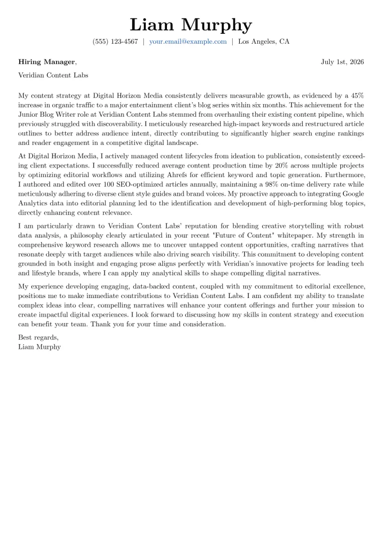 Blog Writer cover letter example preview