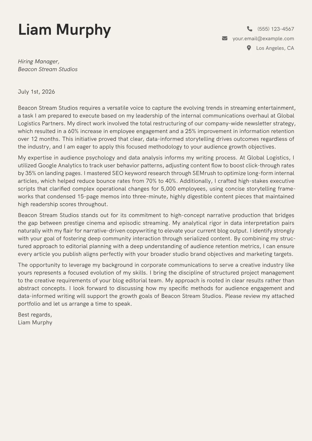 Blog Writer cover letter in the Creative design