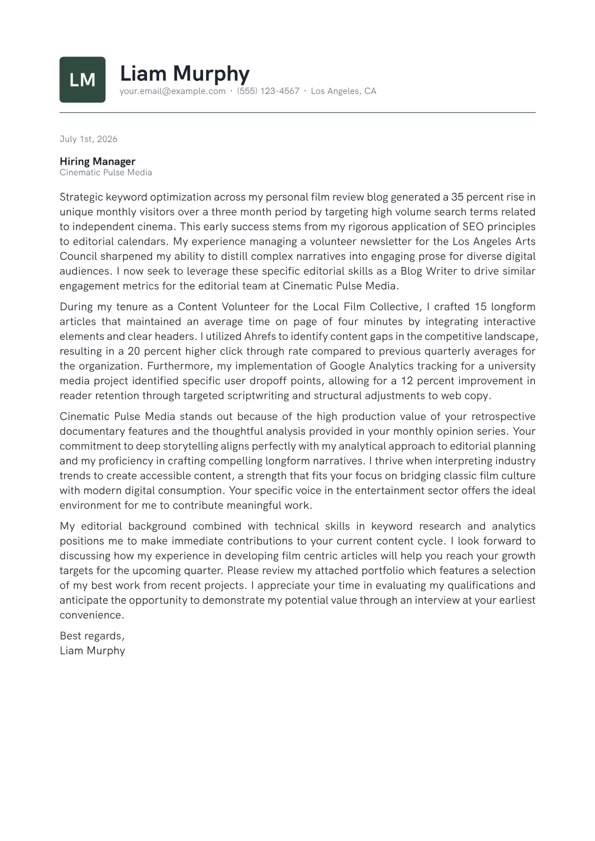 Blog Writer cover letter in the Emblem design