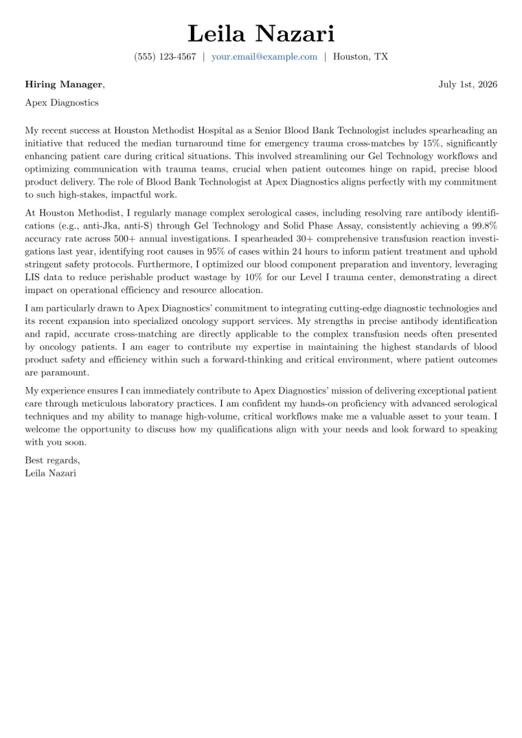 Blood Bank Technologist cover letter example preview
