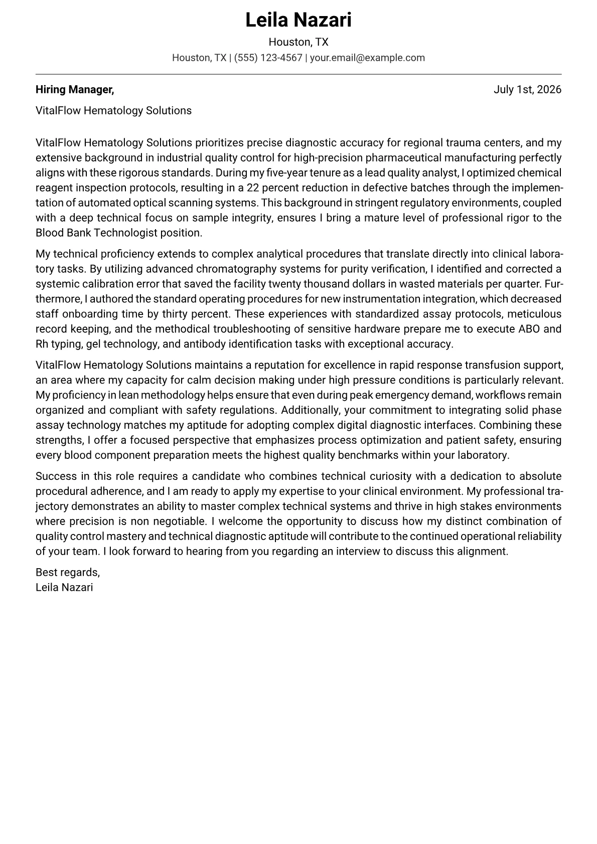 Blood Bank Technologist cover letter in the Modern design
