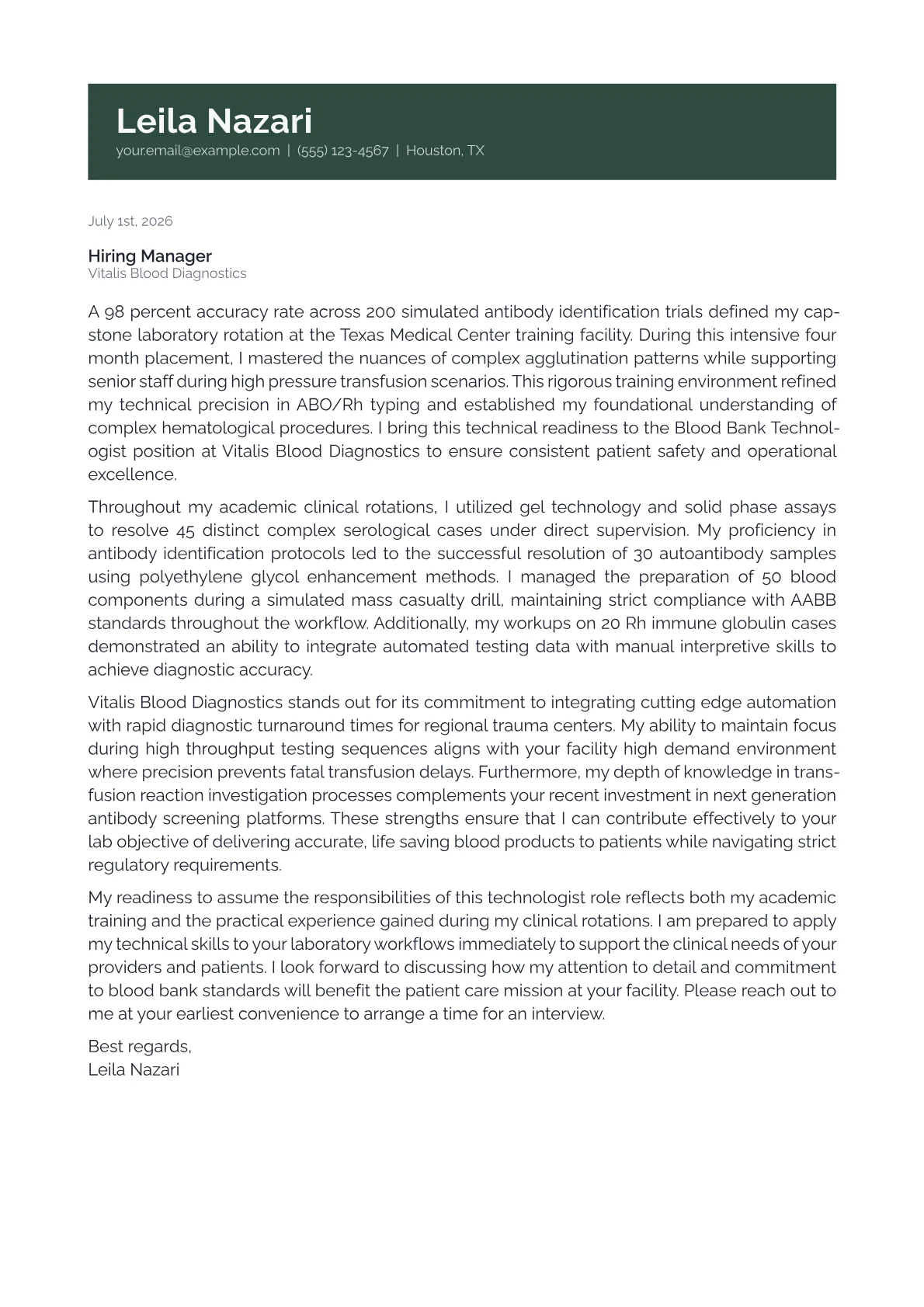 Blood Bank Technologist cover letter in the Banner design