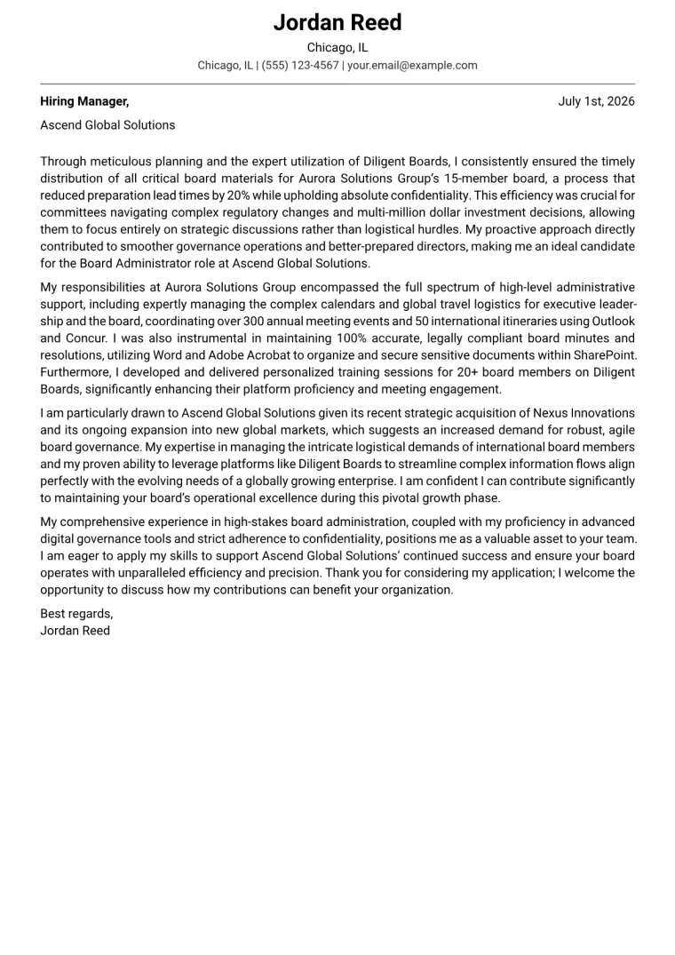 Board Administrator Cover Letter Example