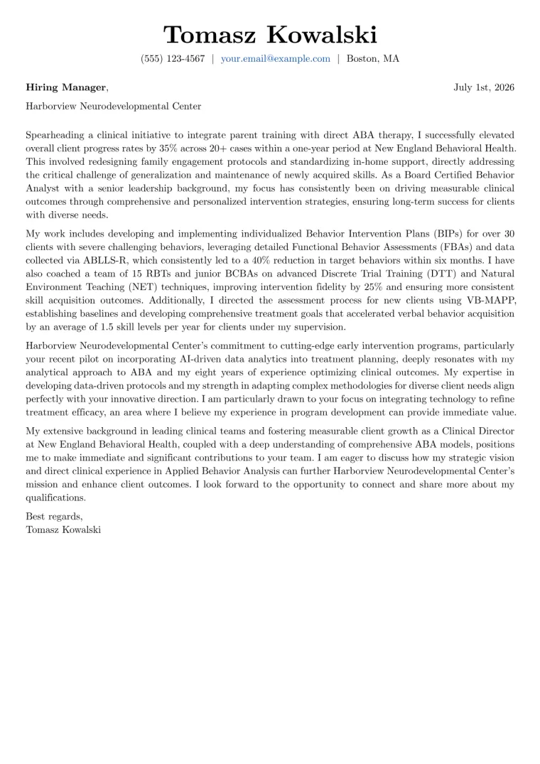 Board Certified Behavior Analyst cover letter example preview