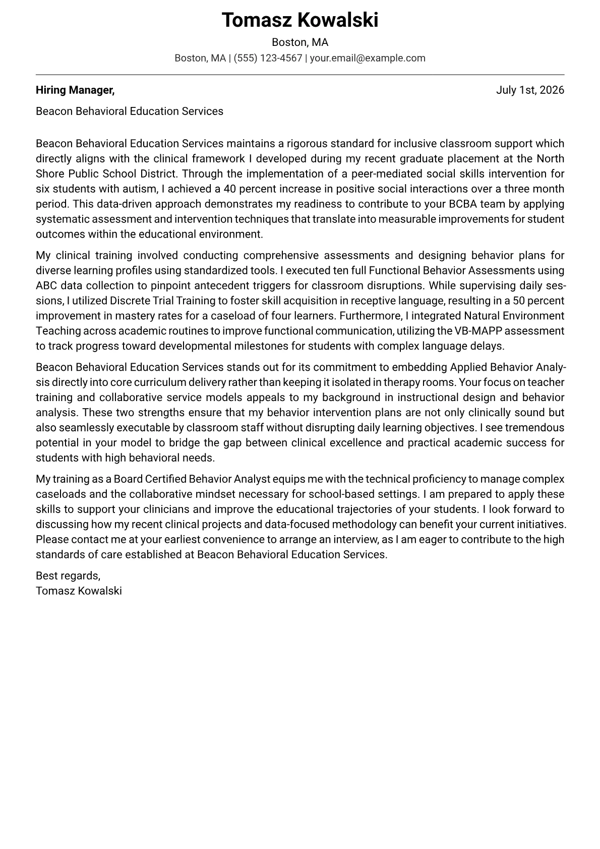 Board Certified Behavior Analyst cover letter in the Modern design