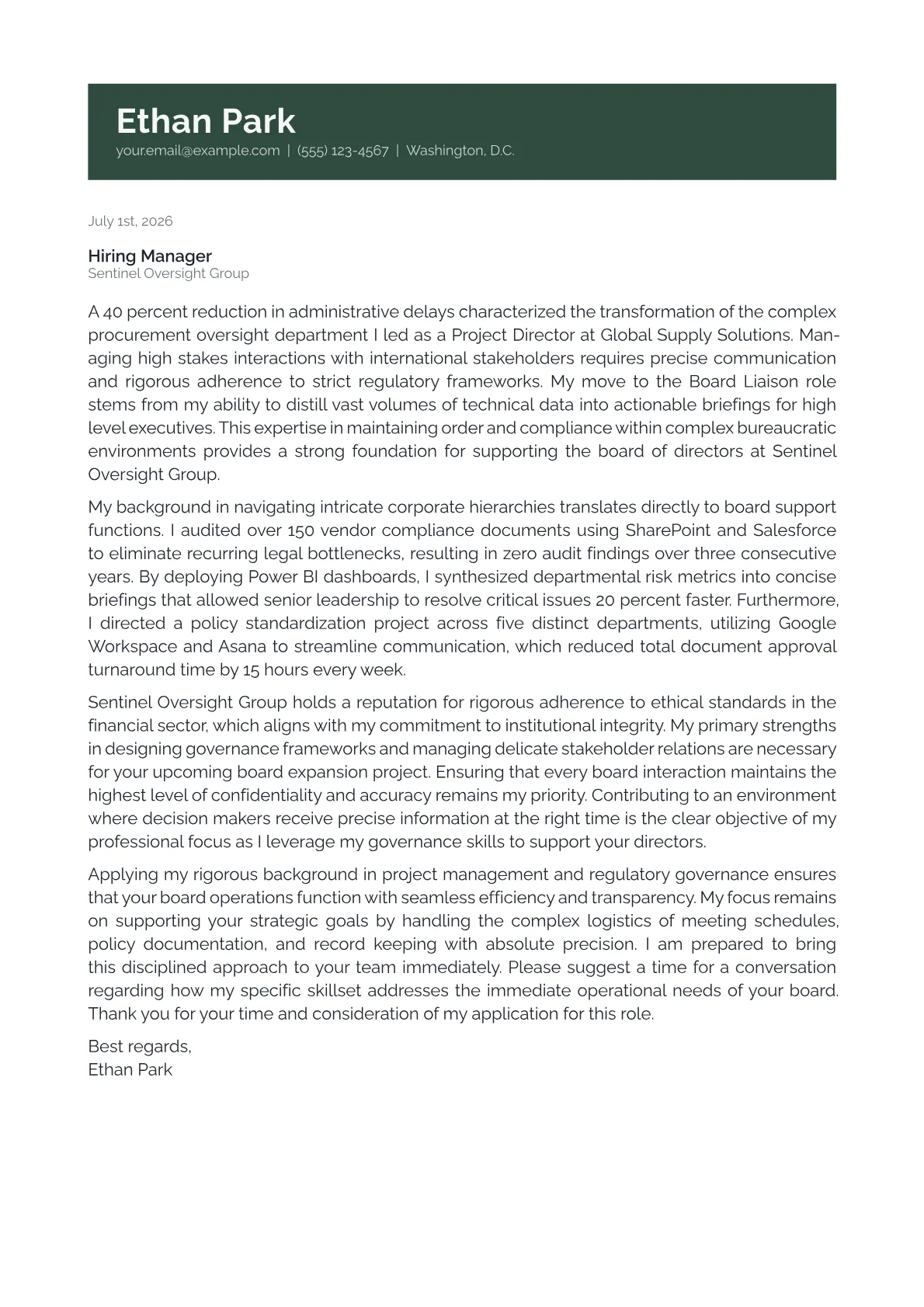 Board Liaison cover letter in the Banner design