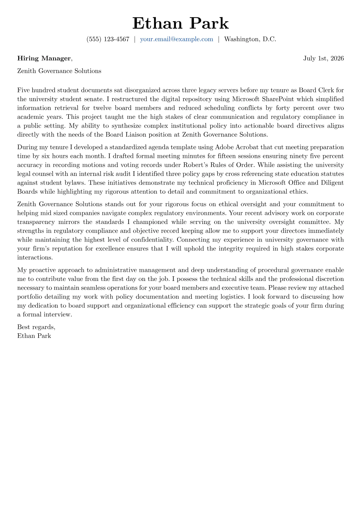 Board Liaison cover letter in the Basic design