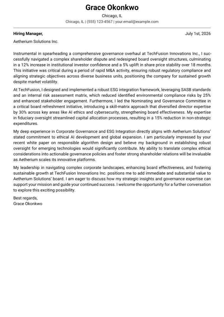 Board Member Cover Letter Example