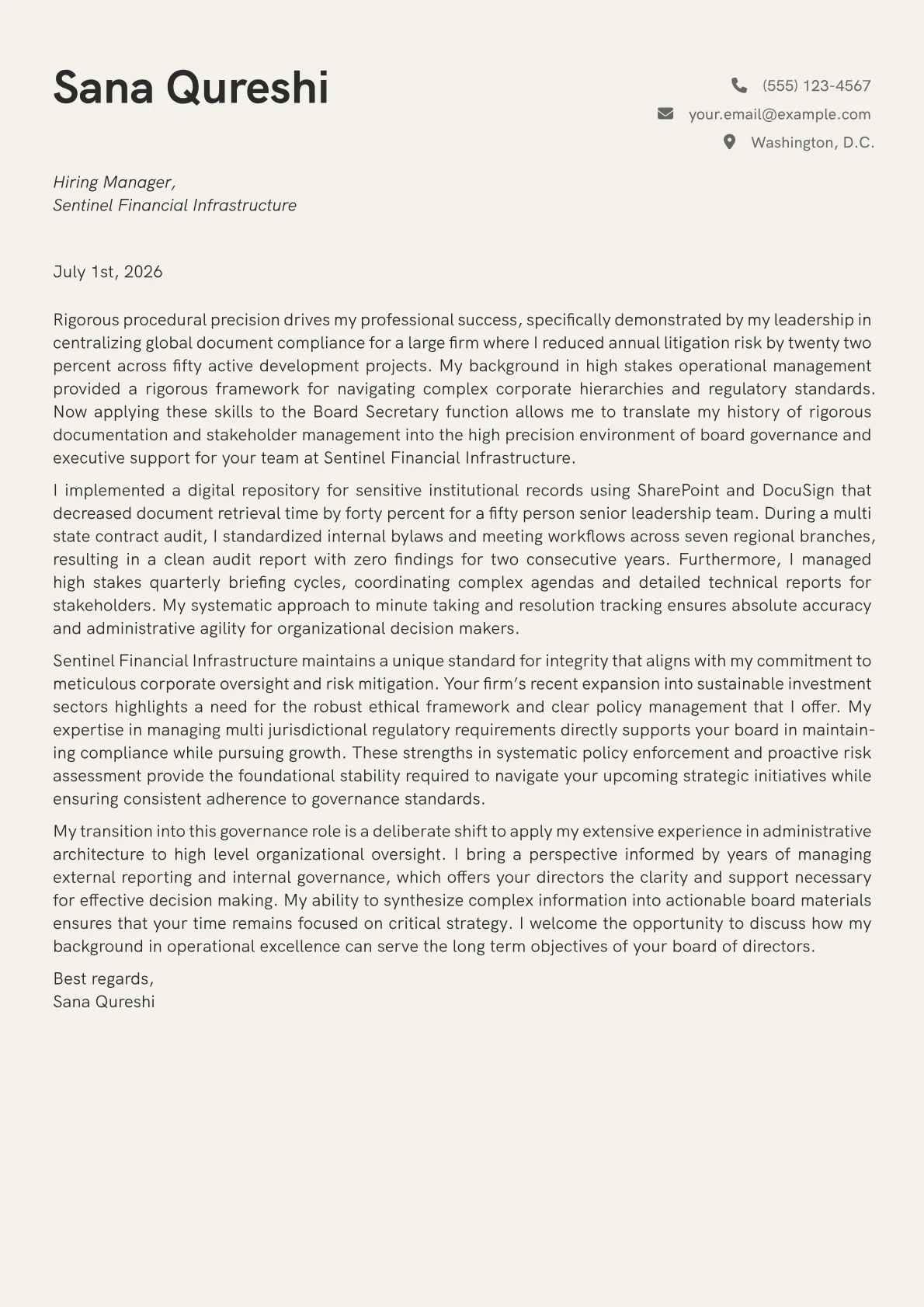 Board Secretary cover letter in the Creative design