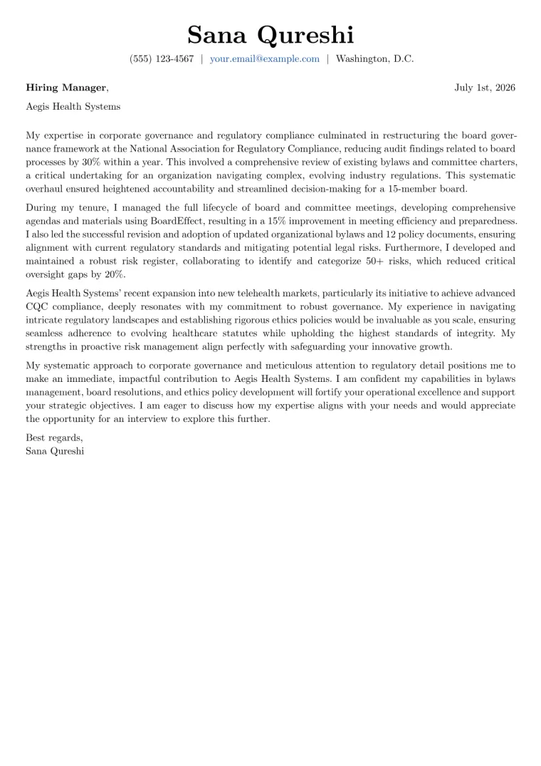 Board Secretary cover letter example preview