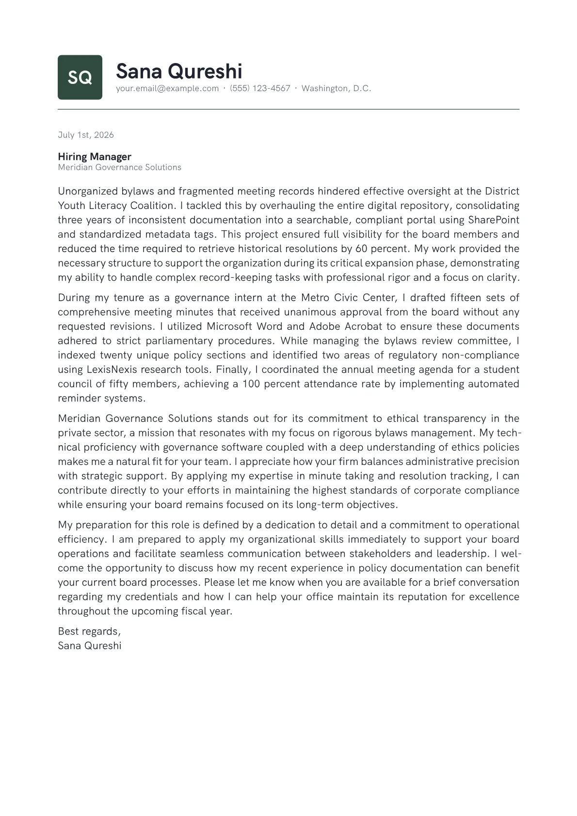 Board Secretary cover letter in the Emblem design