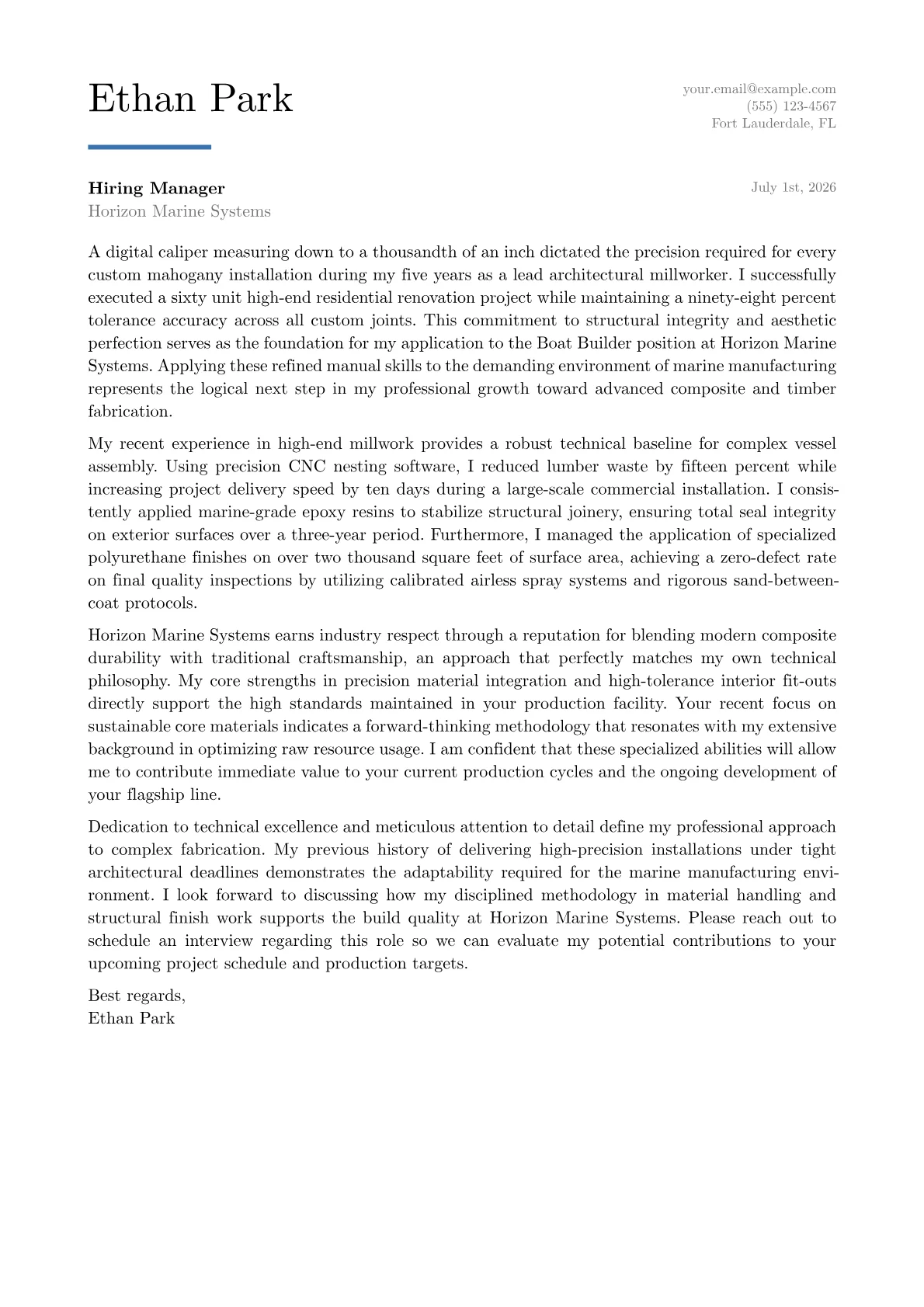 Boat Builder cover letter in the Executive design