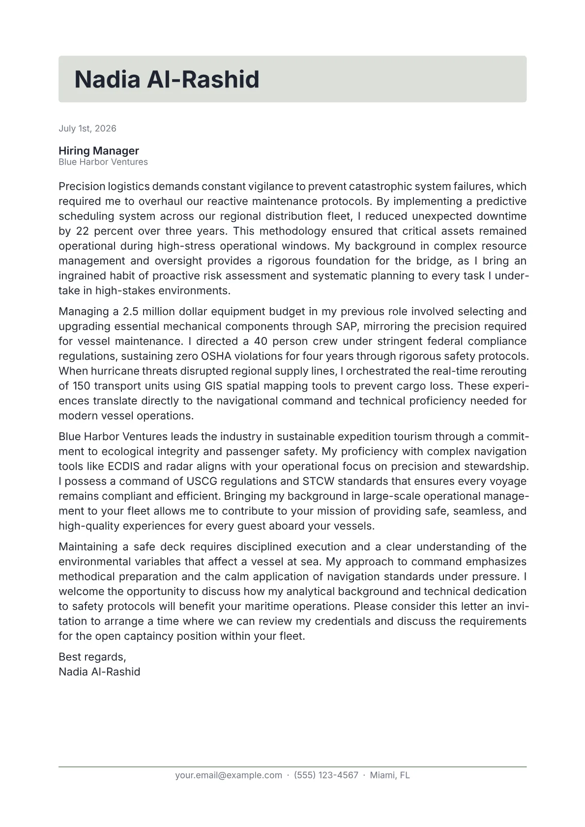 Boat Captain cover letter in the Letterhead design