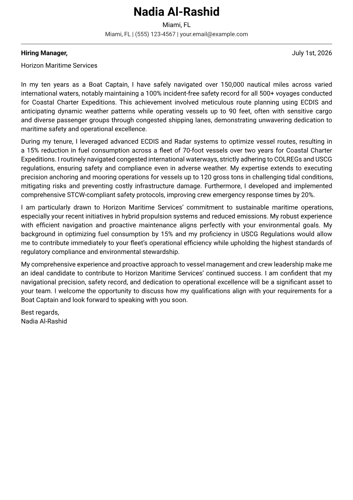 Boat Captain cover letter formatted with a JobSprout template