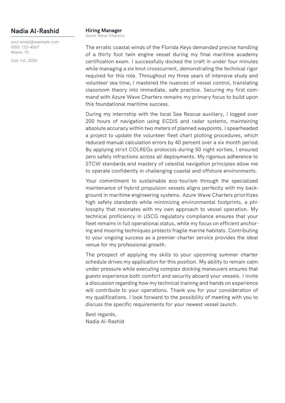 Boat Captain cover letter in the Margin design