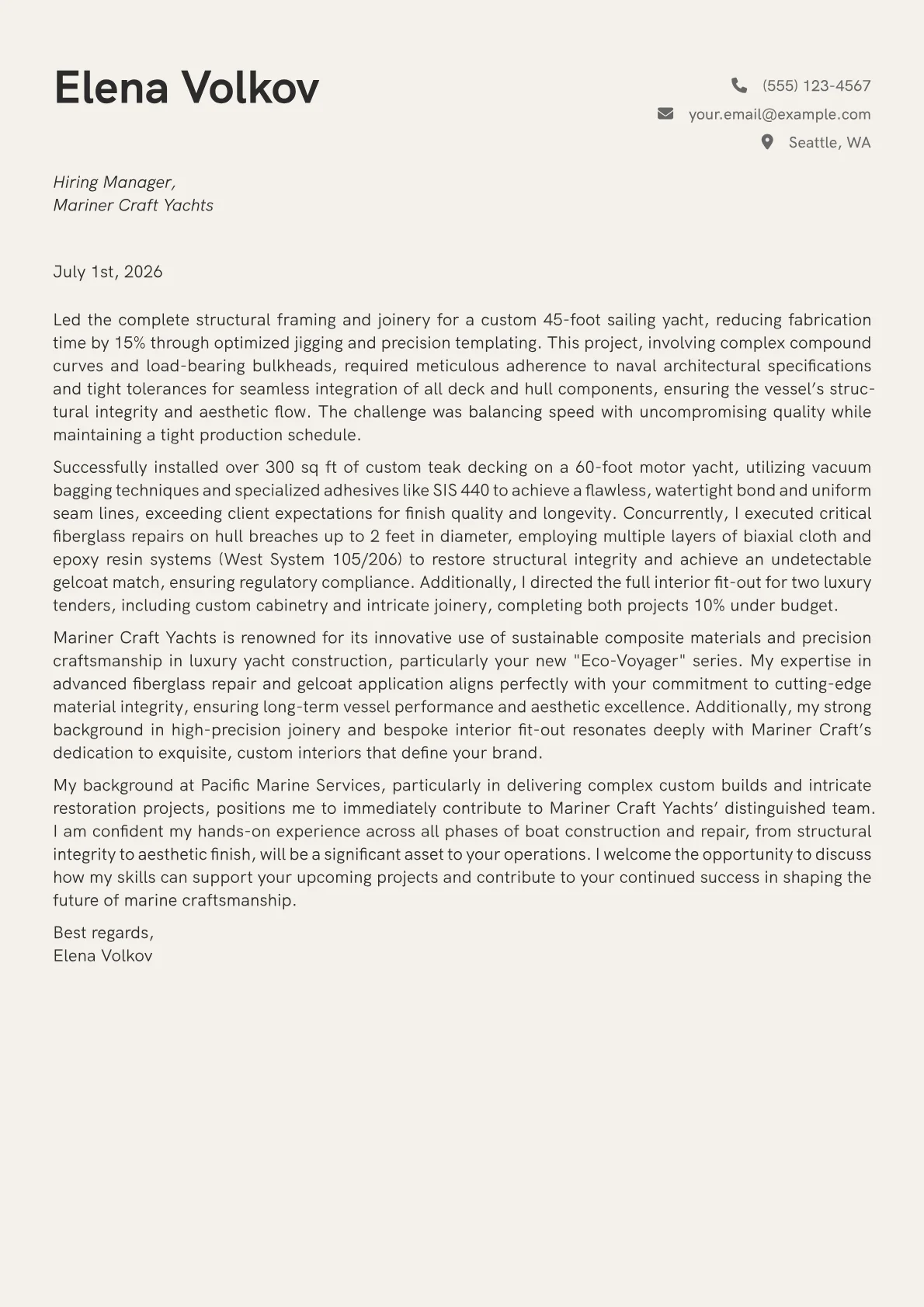 Boatwright cover letter formatted with a JobSprout template