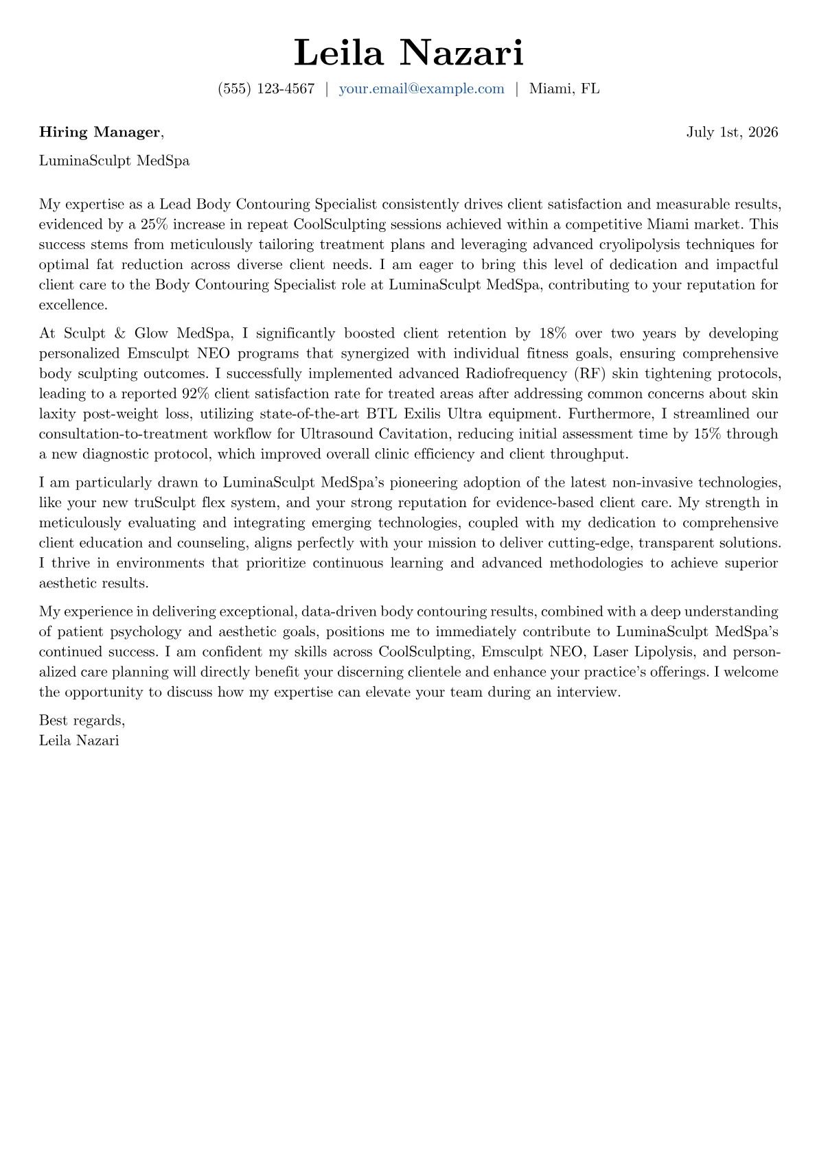 Body Contouring Specialist cover letter formatted with a JobSprout template