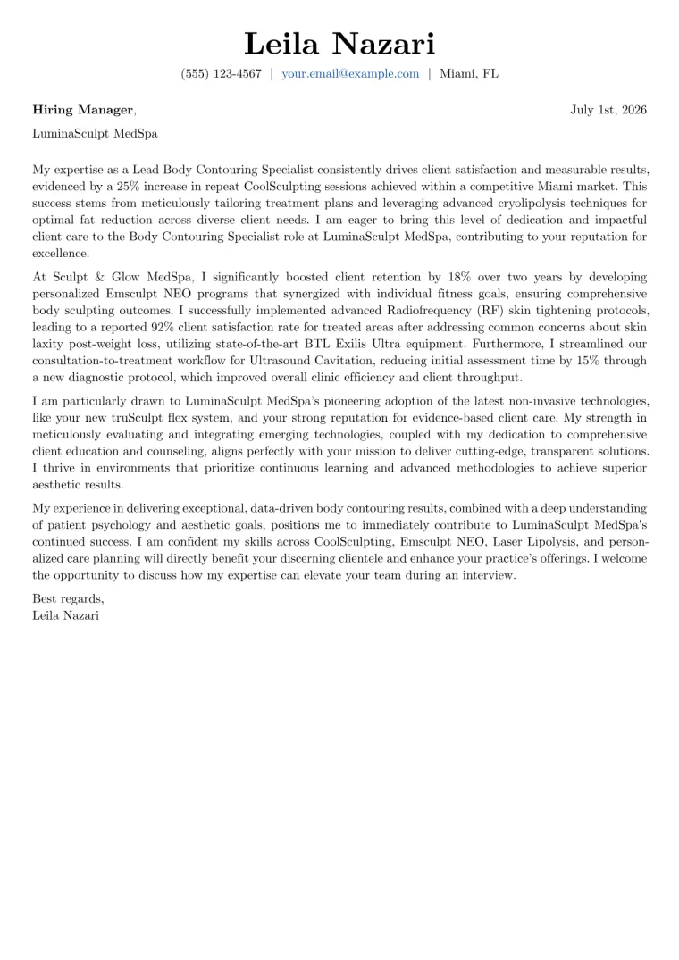 Body Contouring Specialist cover letter example preview
