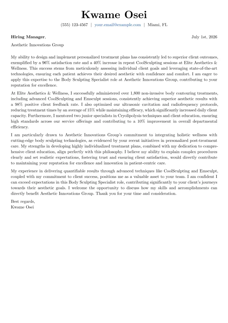 Body Sculpting Specialist cover letter example preview
