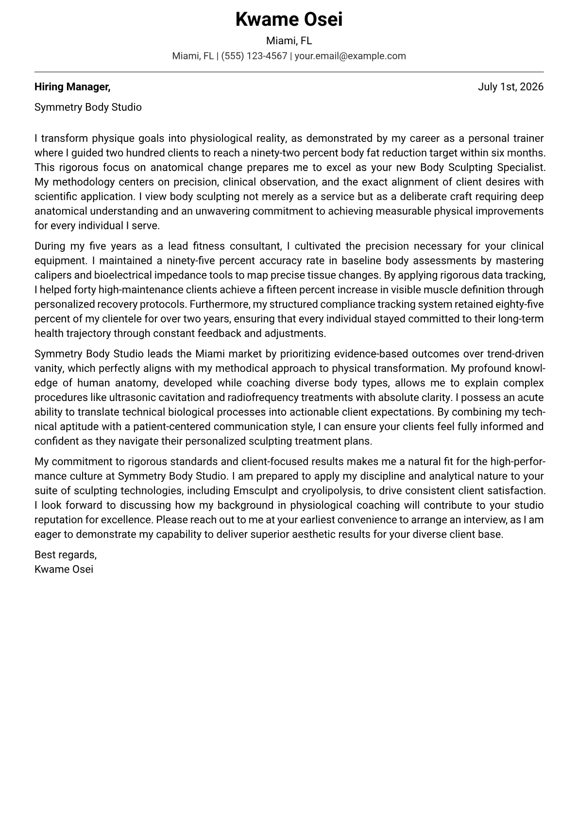Body Sculpting Specialist cover letter in the Modern design