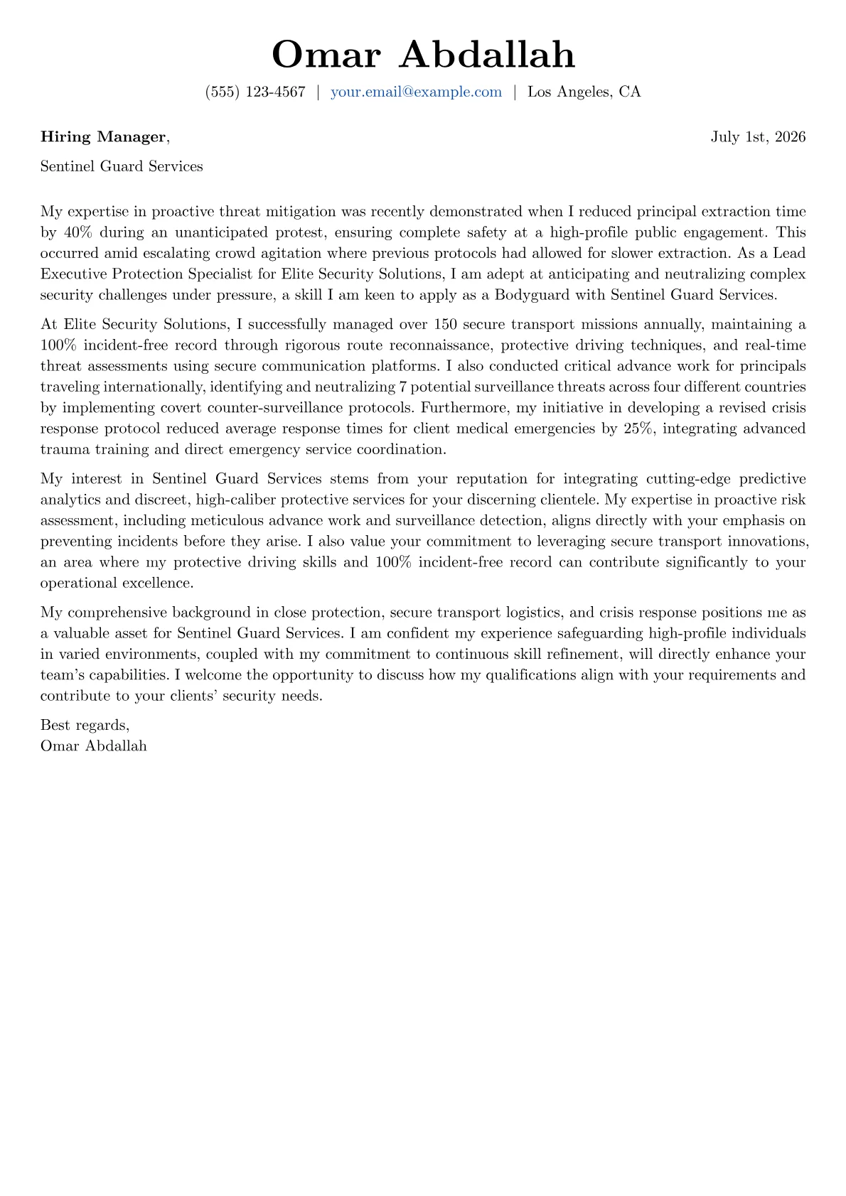 Bodyguard cover letter formatted with a JobSprout template