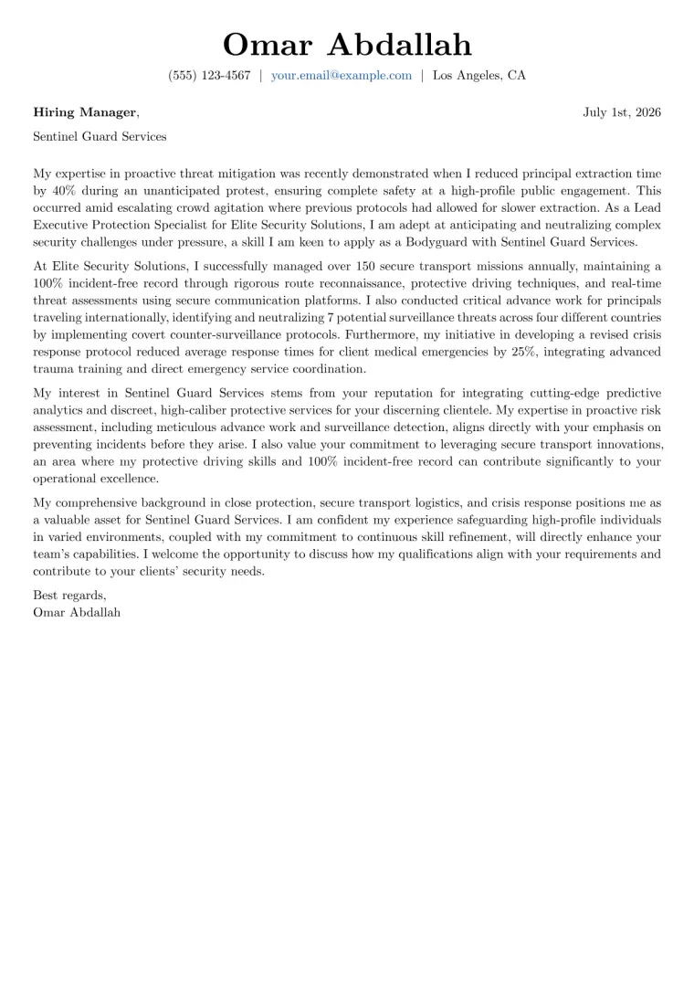 Bodyguard cover letter example preview