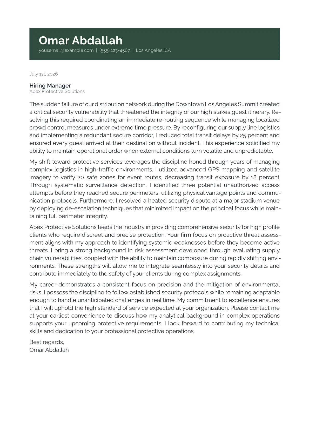 Bodyguard cover letter in the Banner design