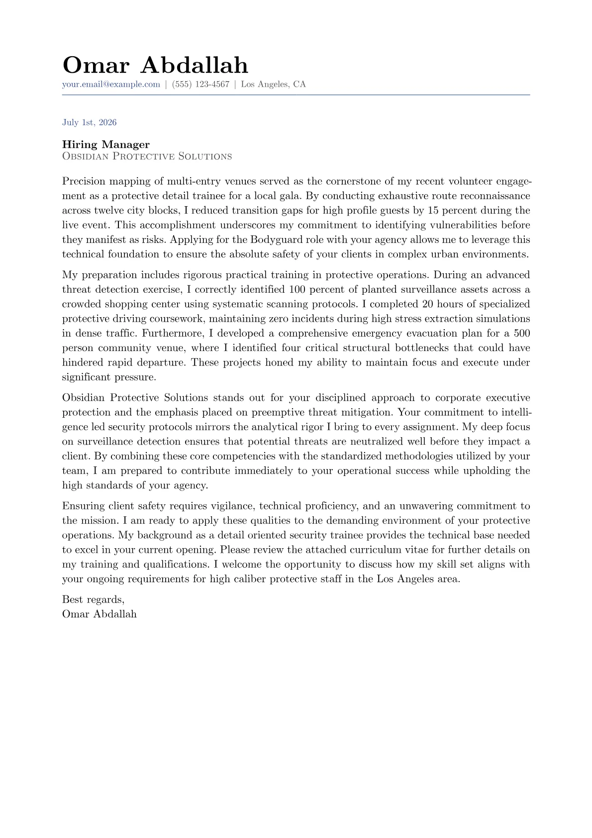 Bodyguard cover letter in the Classic design