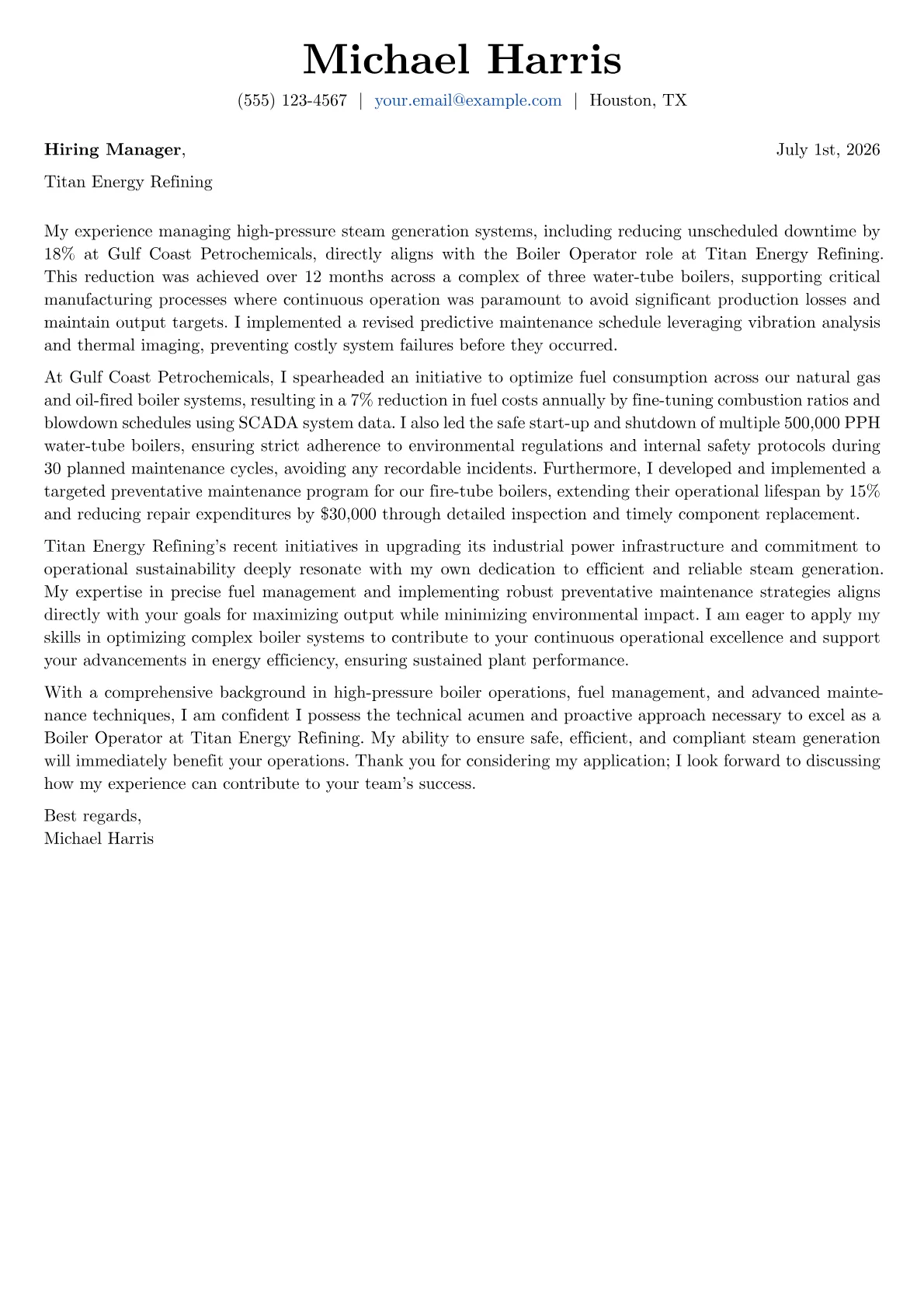 Boiler Operator cover letter formatted with a JobSprout template